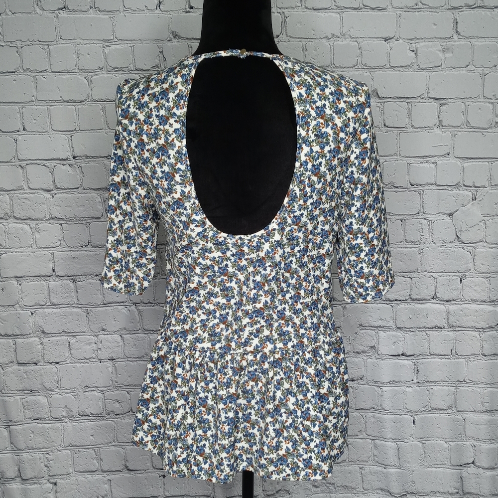 Zara Woman Floral Open Back Peplum 3/4 Sleeve Top Blouse - Picture 2 of 3